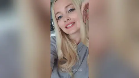DianeDavies smiles while running her hand through her long blonde hair, wearing a grey t-shirt.