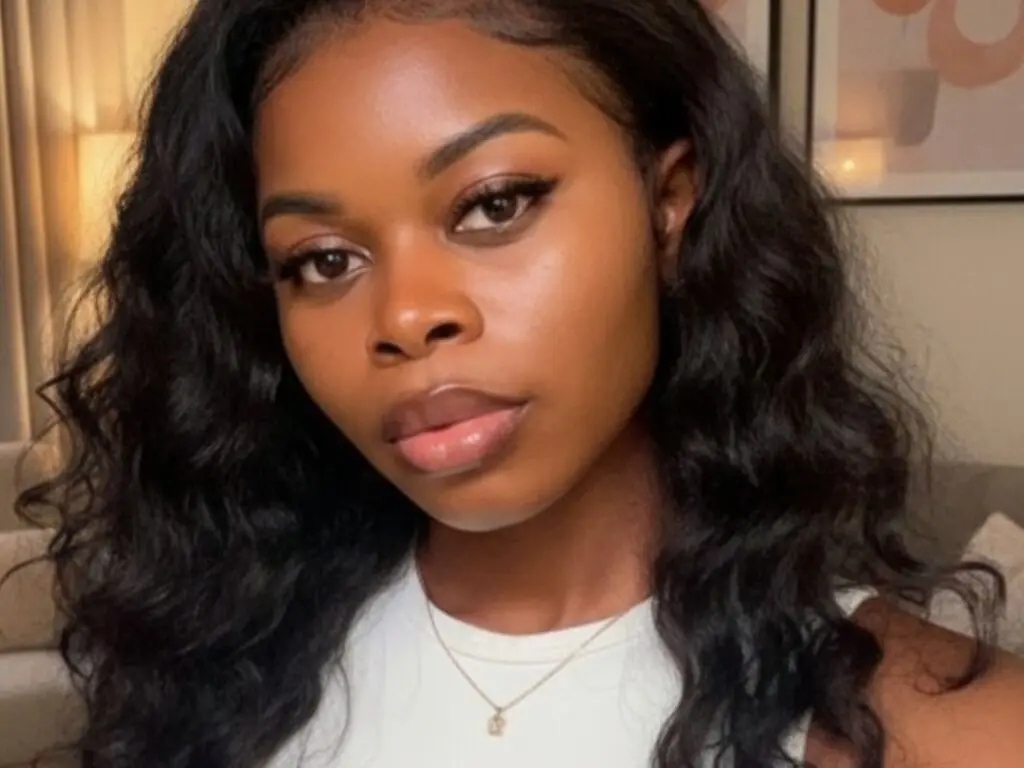 Young Black woman with long wavy hair and glowing makeup wearing a white tank top in a cozy indoor setting.