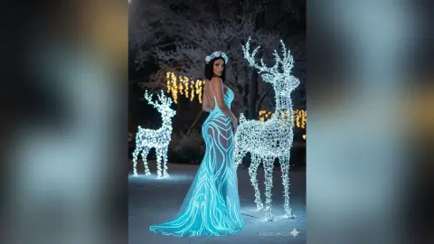 Elegant woman in a glowing blue sheer gown posing amidst magical white reindeer light sculptures at night.