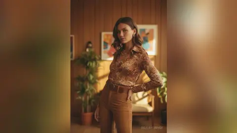 Elegant woman in a vintage patterned blouse and brown trousers posing in a warm, moody bohemian living room.