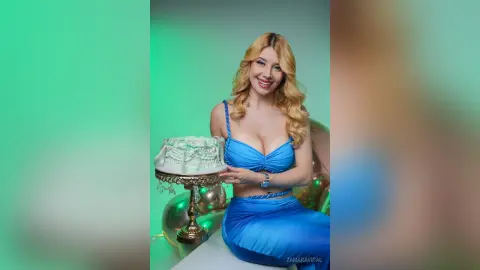 Smiling blonde woman in a blue satin dress holding a white cake against a green background.
