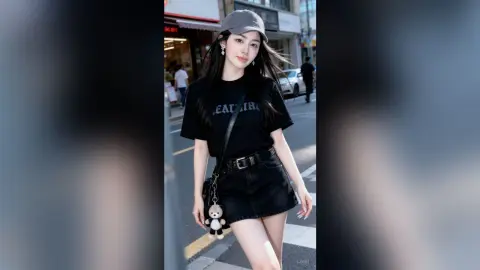 Young woman in black t-shirt, denim skirt, and grey cap walking on a city street in casual summer style.
