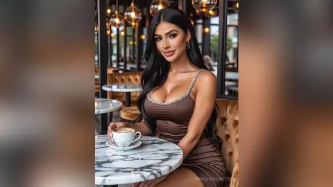 Glamorous woman in a brown cocktail dress enjoying coffee at a chic marble cafe table.