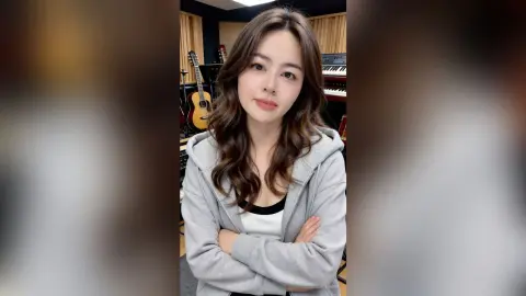 Smiling young woman in a grey hoodie posing in a music studio with guitars in the background.