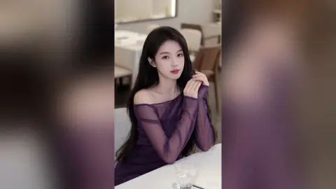 liyufei poses with long black hair wearing a sheer purple off-the-shoulder long-sleeve top while sitting at a white table.