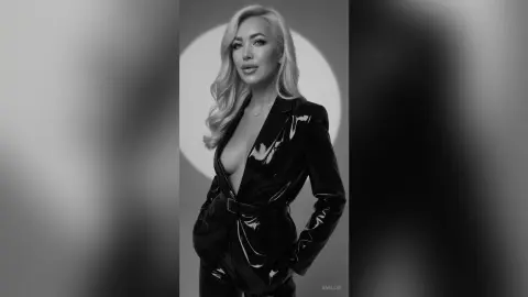 Anelise poses in a black shiny latex blazer with a deep cleavage, showing her blonde hair and chest against a light circular background.