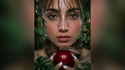Close-up portrait of a woman with wet hair holding a red apple and a snake in a lush tropical garden setting.