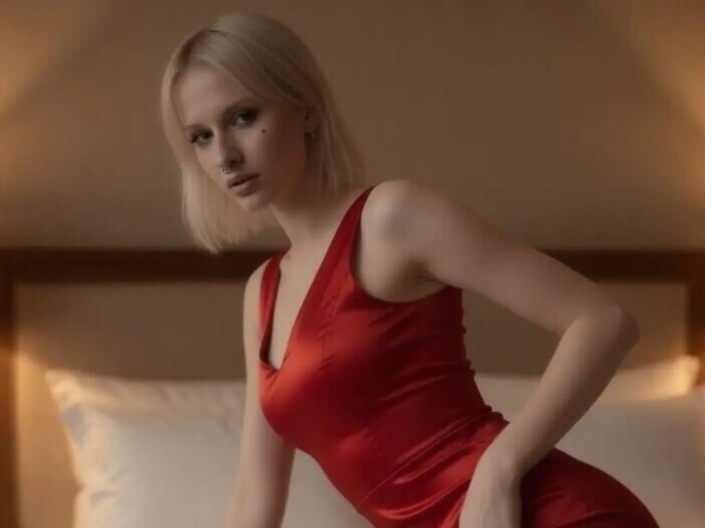 Blonde woman in a red satin dress posing in a dimly lit bedroom with a moody atmosphere.
