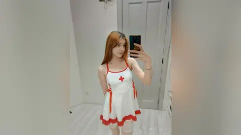 Young woman in a white and red nurse cosplay outfit taking a mirror selfie in a bright room.
