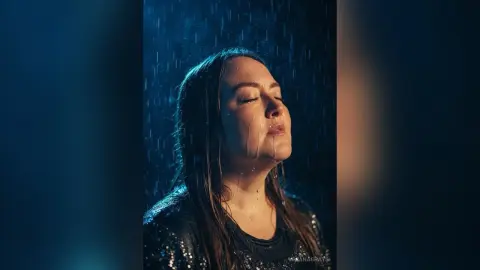 Serene woman with wet hair standing in the rain against a dark blue moody background.