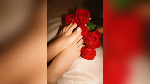 Close-up of bare feet resting next to a vibrant bouquet of red roses on a white bedsheet in a romantic mood.