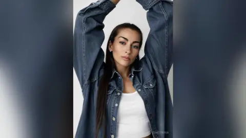 Young woman in a denim jacket and white tank top posing with a relaxed mood against a plain background.