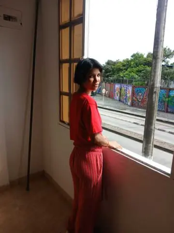 Woman in red outfit looking out a window at a sunny outdoor street scene.