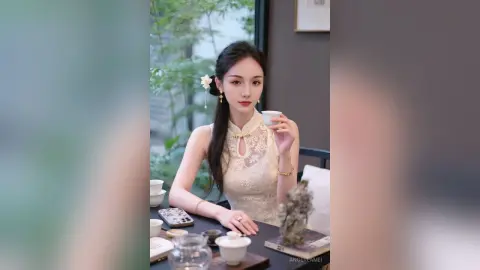 Elegant woman in a white lace dress sipping tea in a bright, tranquil garden cafe setting.