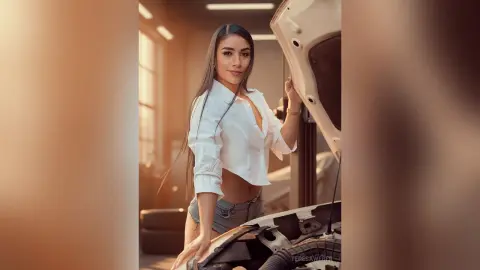 Smiling woman in a white button-down shirt and denim shorts posing by a car engine in a bright garage.
