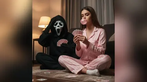 Woman in pink pajamas blowing a bubble with a person in a Ghostface mask playing cards on the floor.