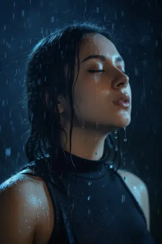 Serene young woman in a black sleeveless top standing under falling rain in moody blue lighting.