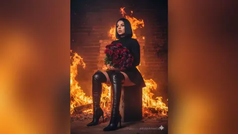 Elegant woman in black dress and thigh-high boots holding red roses against a dramatic fiery background.