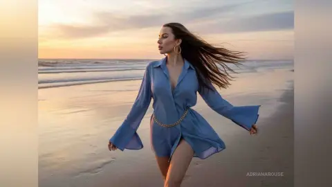 Woman in a blue long-sleeve shirt walking on a sandy beach during a dreamy sunset.