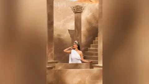 JuliahLewis poses in a white off-the-shoulder top against a stone pillar and stairs in a tan-colored setting.