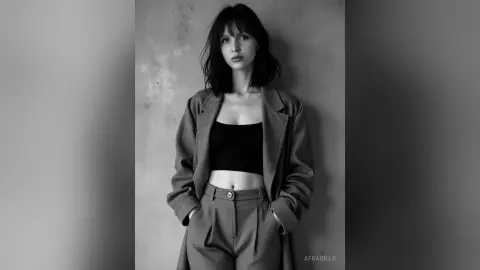 Moody black and white portrait of a woman in a stylish blazer and crop top against a textured wall.