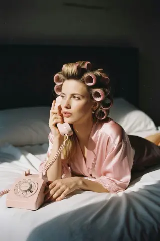 Young woman in pink silk robe lying on white bed with hair rollers using vintage pink telephone in soft sunlight.