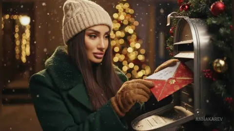 AnnaKarev wearing a beige knit beanie and green coat, looking into a mailbox decorated with Christmas ornaments in the snow.