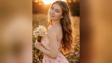 Smiling young woman in a floral sundress holding daisies in a golden sunset field.
