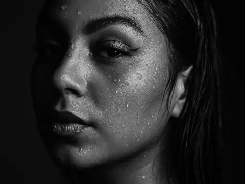 Close-up black and white portrait of a woman with wet skin and dramatic eyeliner in a moody setting.