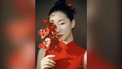 LunaYua — LunaYua poses behind a stem of red orchids, wearing a red sleeveless cheongsam with her black hair styled in a bun.