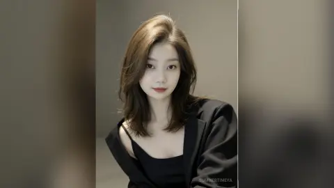 Elegant woman in a black blazer and top posing with a serene expression against a neutral studio background.