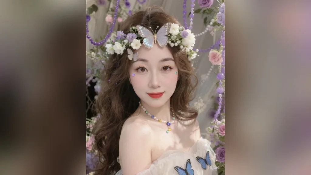 feier — feier wears a flower crown with butterflies and a white strapless top while posing against a purple floral background.