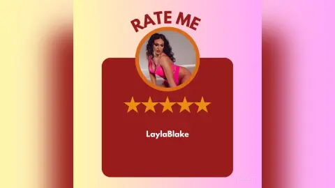 Layla Blake in a pink bikini posing against a colorful gradient background for a social media rating poll.