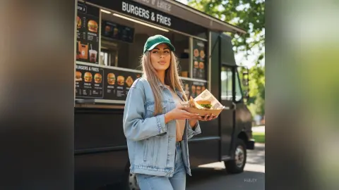 Hailey poses outside a black food truck wearing a light denim jacket, blue jeans, and a green cap while holding a tray of burgers and fries.