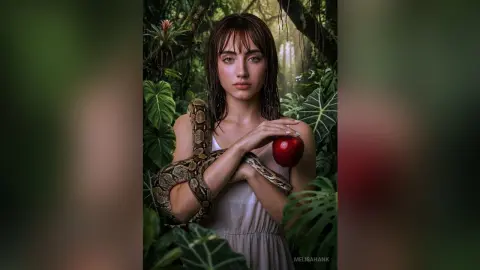 Mystical woman in a white dress holding a red apple with a large snake draped over her in a lush jungle setting.