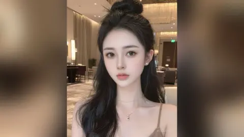 AgelaHui poses with long black hair and a half-up bun, wearing a thin strap top and a delicate necklace in a luxury hotel room.