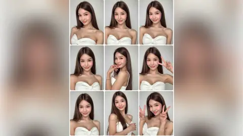 Smiling young woman in a white strapless top posing for a bright, cheerful studio portrait collage.