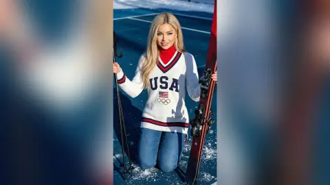 Blonde woman in USA Olympic sweater and jeans smiling on a sunny snowy ski slope.