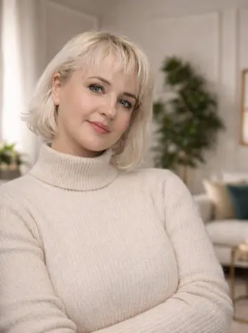 Smiling blonde woman in a cozy cream turtleneck sweater sitting in a bright, minimalist living room.