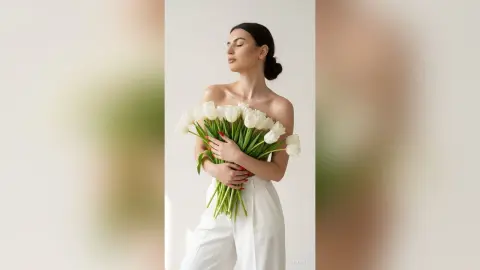ZenyaSin poses with eyes closed, holding a large bunch of white tulips against her bare chest and white trousers against a plain white background.