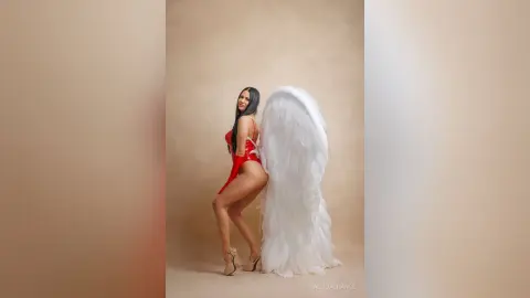 Elegant woman in a red bodysuit with large white angel wings posing in a minimalist studio setting.
