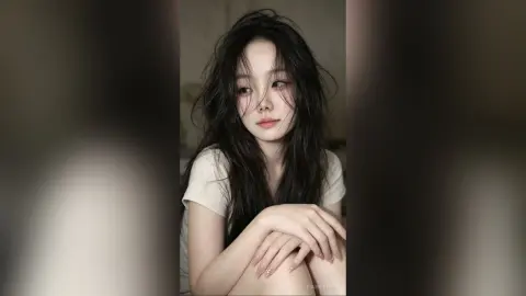 Moody portrait of a young woman with long dark hair wearing a white t-shirt in a soft indoor setting.