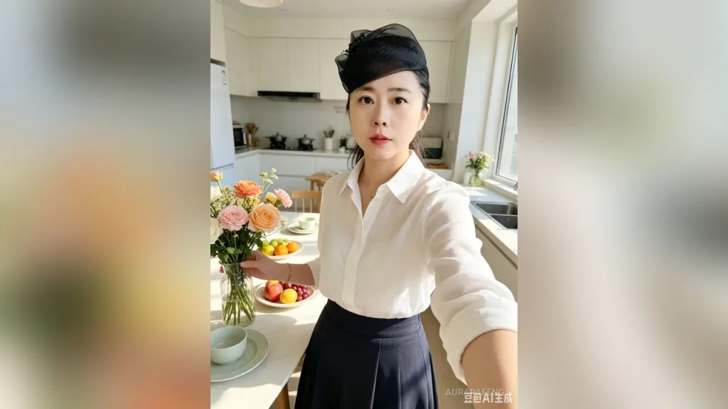 AuraraFeng — AuraraFeng wears a white button-down shirt and black skirt while standing in a bright kitchen next to a vase of flowers.