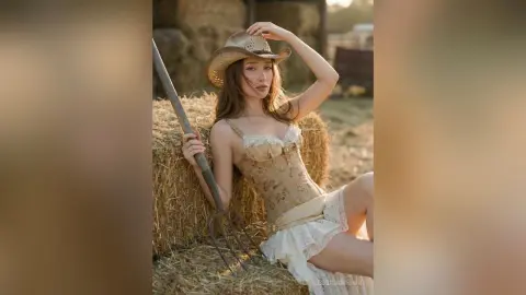 Young woman in a lace corset and cowboy hat posing romantically against hay bales in a rustic farm setting.