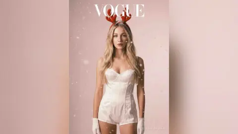 Blonde model in a white satin bodysuit and reindeer headband posing for a dreamy Vogue fashion photoshoot.
