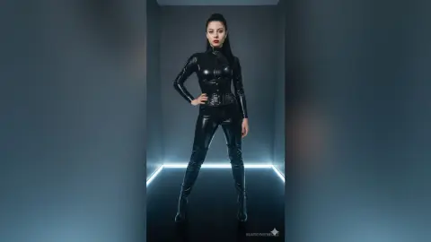 Elegant woman in a sleek black latex bodysuit standing in a minimalist modern studio with moody lighting.