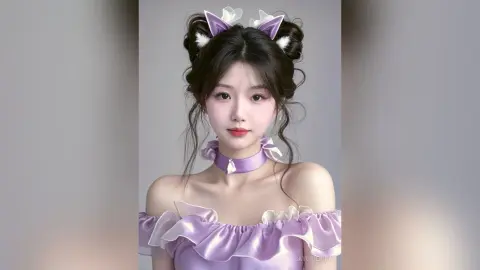 Young woman in a purple ruffled cosplay outfit with bunny ear hair accessories in a soft studio setting.