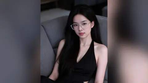 Elegant young woman in a black halter dress and glasses sitting on a grey sofa with a sophisticated mood.