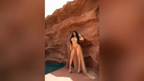 Elegant woman in a gold sequin bodysuit and flowing skirt posing against a dramatic desert rock formation.
