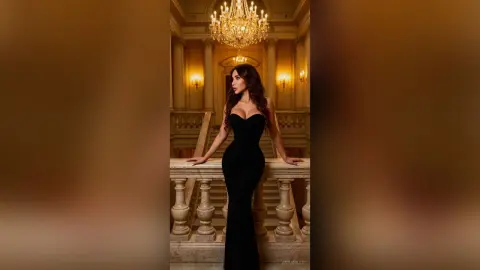 Elegant woman in a black evening gown posing on a grand marble staircase under a luxury crystal chandelier.